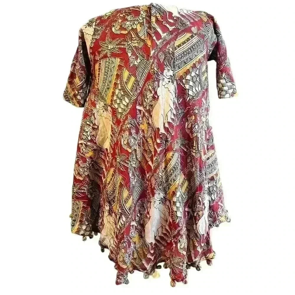 Indian Women Red Cow Floral Printed Round Neck Kurta Kurti Top Tunic Dress Small - Picture 3 of 6
